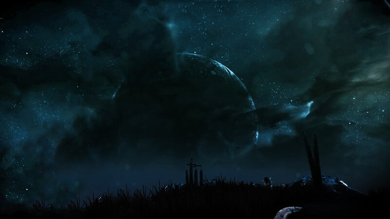 Alien Planet Landscape — Blue, Dramatic, Night, Digital Art, Stars, Grass