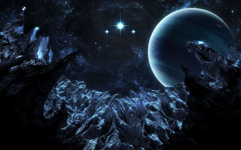 Alien Planet Landscape — Blue, Dramatic, Night, Digital Art, Stars, Mountains