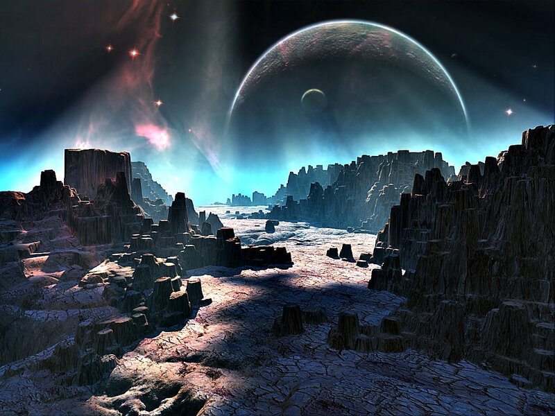 Alien Planet Landscape — Blue, Dramatic, Night, Digital Art, Stars, Rock Formations