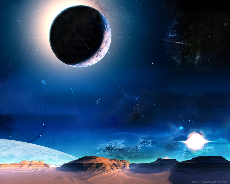 Alien Planet Landscape — Blue, Dramatic, Night, Digital Art, Stars, Spacecraft