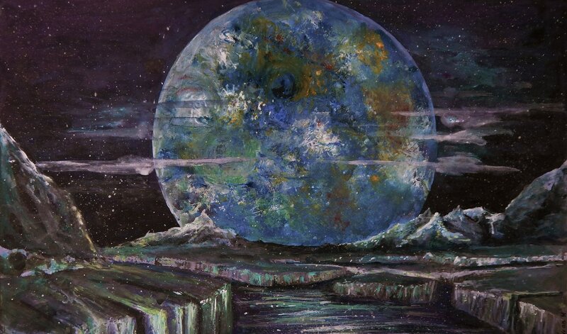 Alien Planet Landscape — Blue, Dramatic, Night, Painting, Mountains
