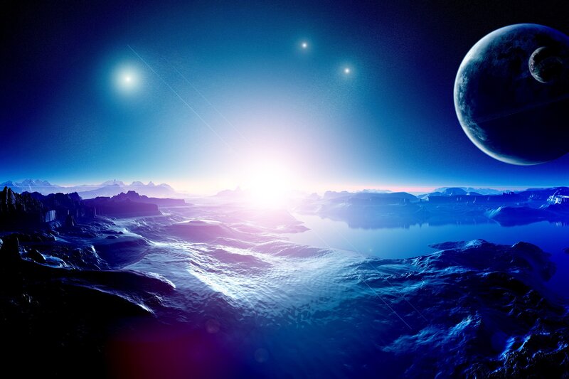 Alien Planet Landscape — Blue, Dramatic, Sunrise, Digital Art, Moon