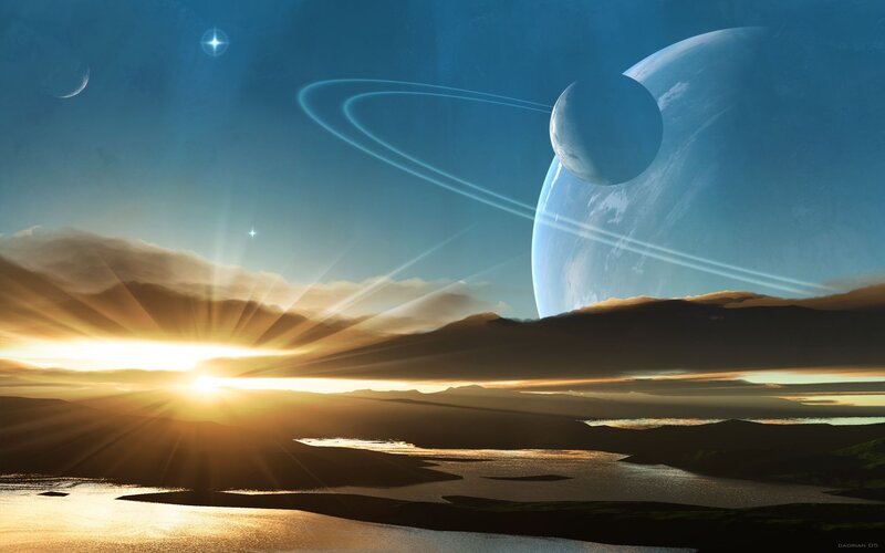 Alien Planet Landscape — Blue, Dramatic, Sunrise, Digital Art, Sun, Planets, Rings