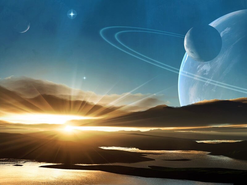 Alien Planet Landscape — Blue, Dramatic, Sunrise, Digital Art, Sun, Planets