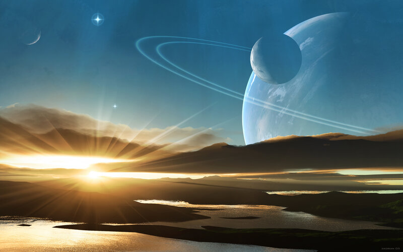 Alien Planet Landscape — Blue, Dramatic, Sunrise, Digital Art