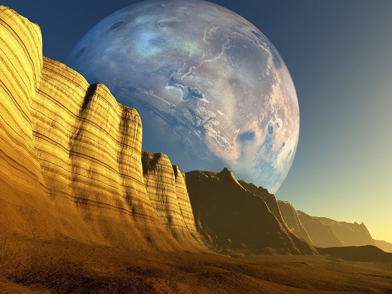 Alien Planet Landscape — Blue, Dramatic, Sunset, Digital Art, Cliffs