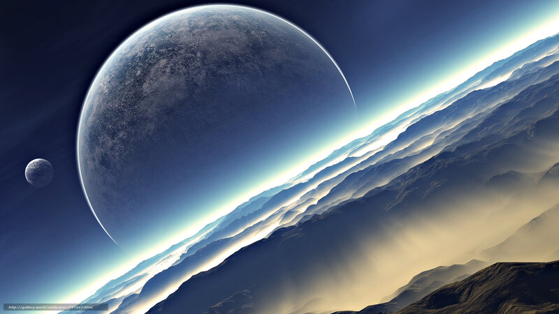 Alien Planet Landscape — Blue, Dramatic, Sunset, Digital Art, Moon, Mountains