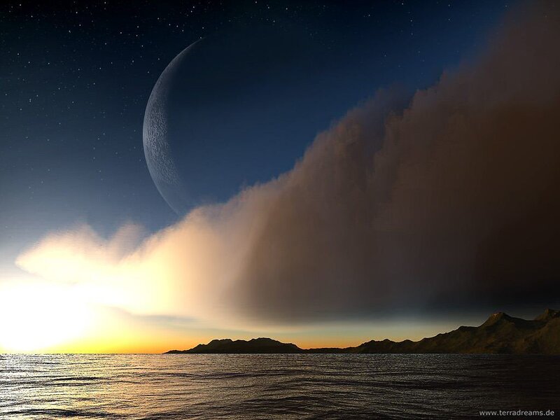 Alien Planet Landscape — Blue, Dramatic, Sunset, Digital Art, Moon, Ocean