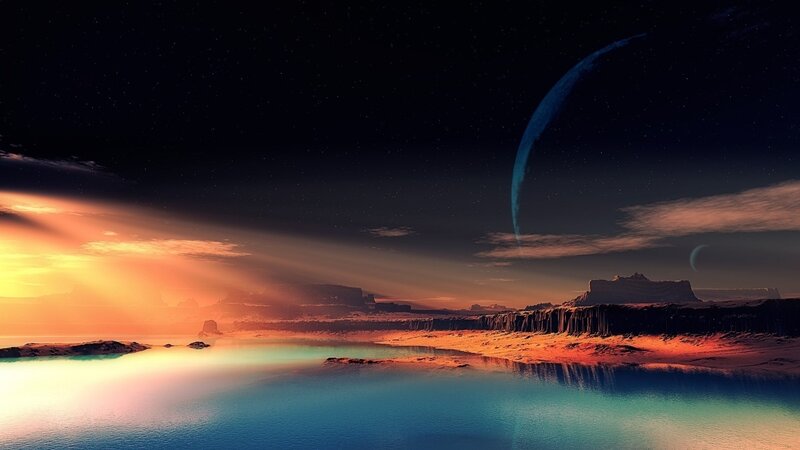 Alien Planet Landscape — Blue, Dramatic, Sunset, Digital Art, Moon, Sky