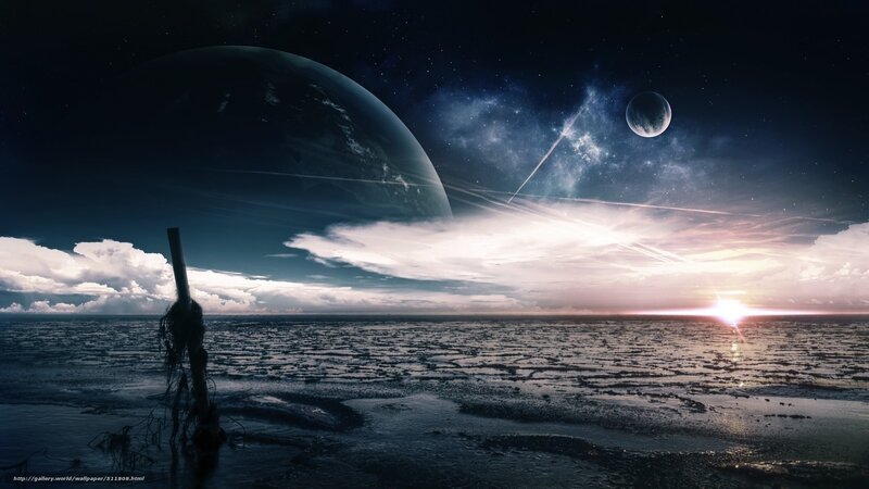 Alien Planet Landscape — Blue, Dramatic, Sunset, Digital Art, Moon, Sunrise