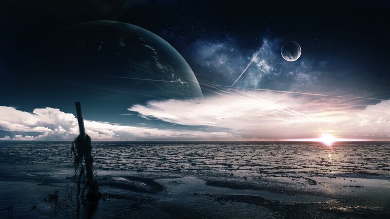 Alien Planet Landscape — Blue, Dramatic, Sunset, Digital Art, Moon