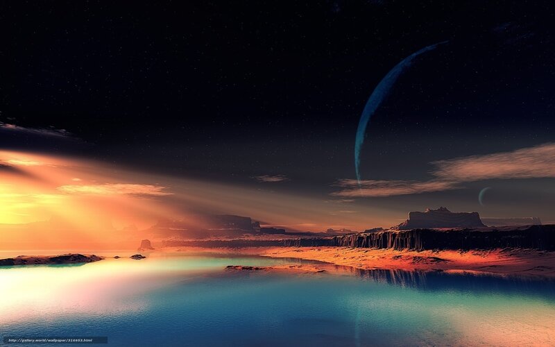 Alien Planet Landscape — Blue, Dramatic, Sunset, Digital Art, Moon, Water, Cliffs