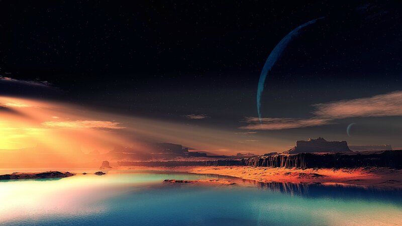 Alien Planet Landscape — Blue, Dramatic, Sunset, Digital Art, Moon, Water
