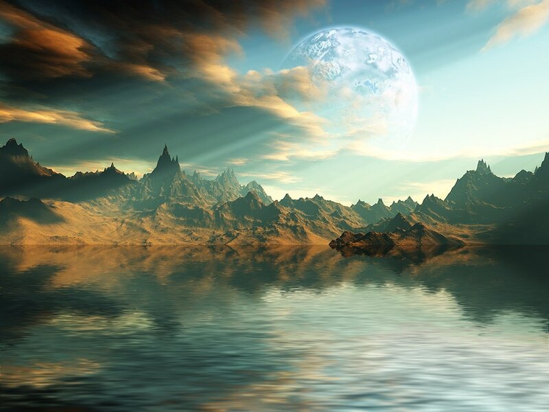 Alien Planet Landscape — Blue, Dramatic, Sunset, Digital Art, Mountains, Moon