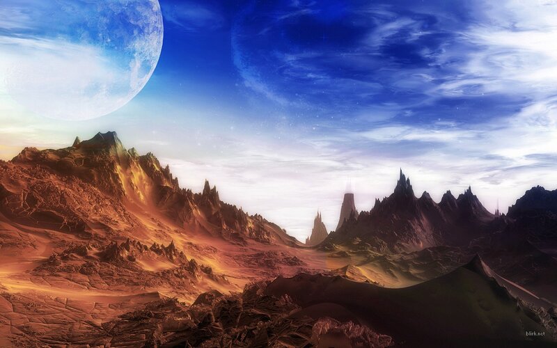 Alien Planet Landscape — Blue, Dramatic, Sunset, Digital Art, Mountains, Planets