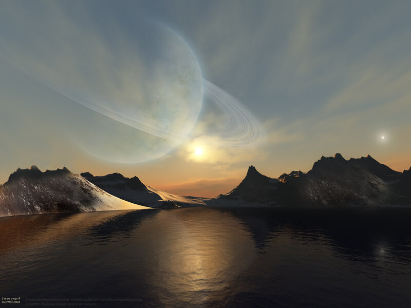 Alien Planet Landscape — Blue, Dramatic, Sunset, Digital Art, Mountains, Ringed Planet