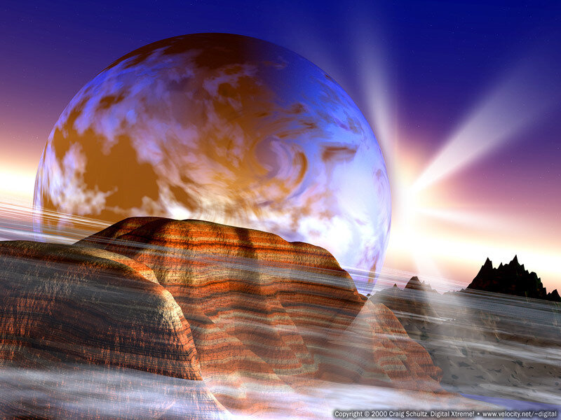 Alien Planet Landscape — Blue, Dramatic, Sunset, Digital Art, Mountains, Sun