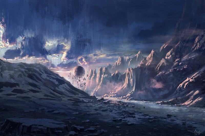 Alien Planet Landscape — Blue, Dramatic, Sunset, Digital Art, Mountains