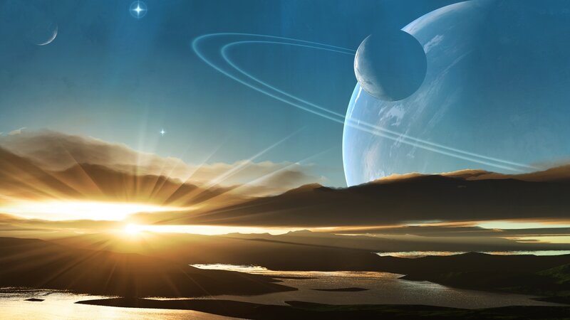 Alien Planet Landscape — Blue, Dramatic, Sunset, Digital Art, Sun, Moon