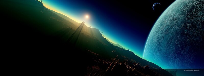 Alien Planet Landscape — Blue, Dramatic, Sunset, Digital Art, Sun, Mountains