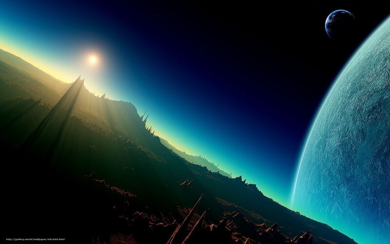 Alien Planet Landscape — Blue, Dramatic, Sunset, Digital Art, Sun, Planets