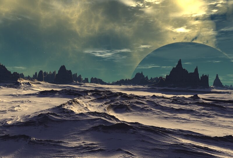 Alien Planet Landscape — Blue, Dramatic, Sunset, Digital Art