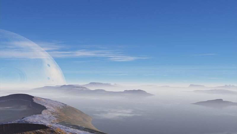Alien Planet Landscape — Blue, Serene, 3d Render, Mountains, Fog