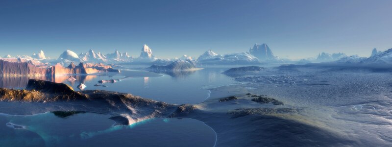 Alien Planet Landscape — Blue, Serene, 3d Render, Mountains, Ice, Water