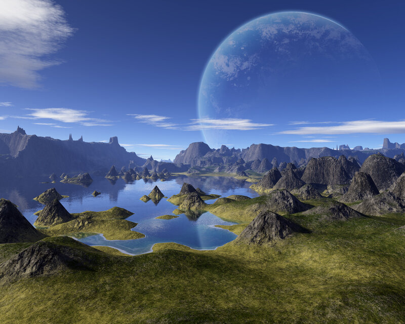 Alien Planet Landscape — Blue, Serene, Afternoon, 3d Render, Mountains, Lakes