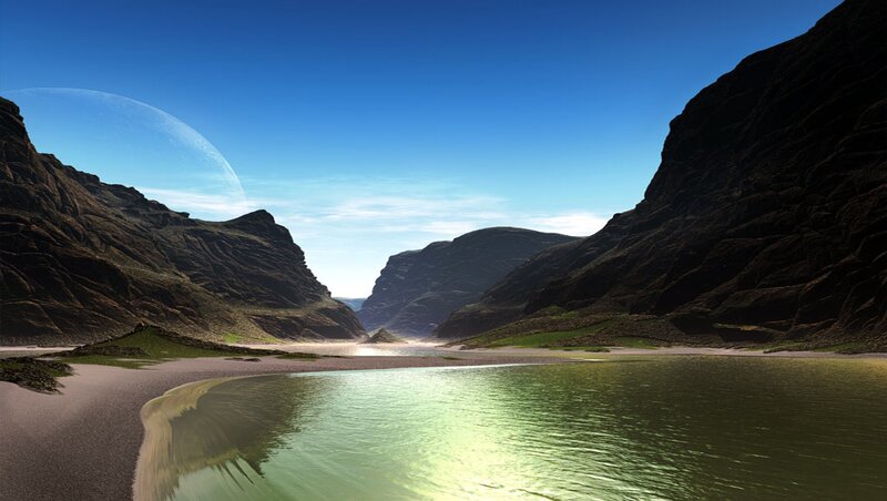Alien Planet Landscape — Blue, Serene, Afternoon, 3d Render, Mountains, River