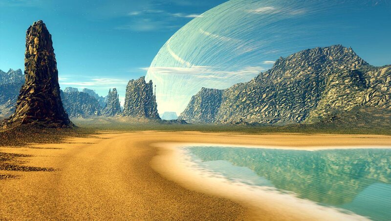 Alien Planet Landscape — Blue, Serene, Afternoon, 3d Render, Rock Formations