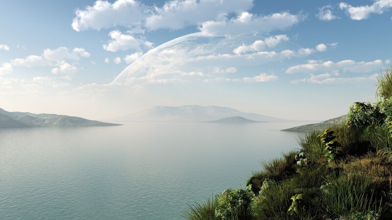 Alien Planet Landscape — Blue, Serene, Afternoon, 3d Render, Sea