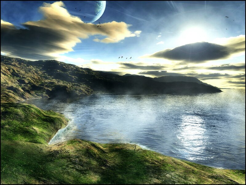Alien Planet Landscape — Blue, Serene, Afternoon, Digital Art, Clouds