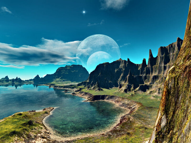 Alien Planet Landscape — Blue, Serene, Afternoon, Digital Art, Mountains