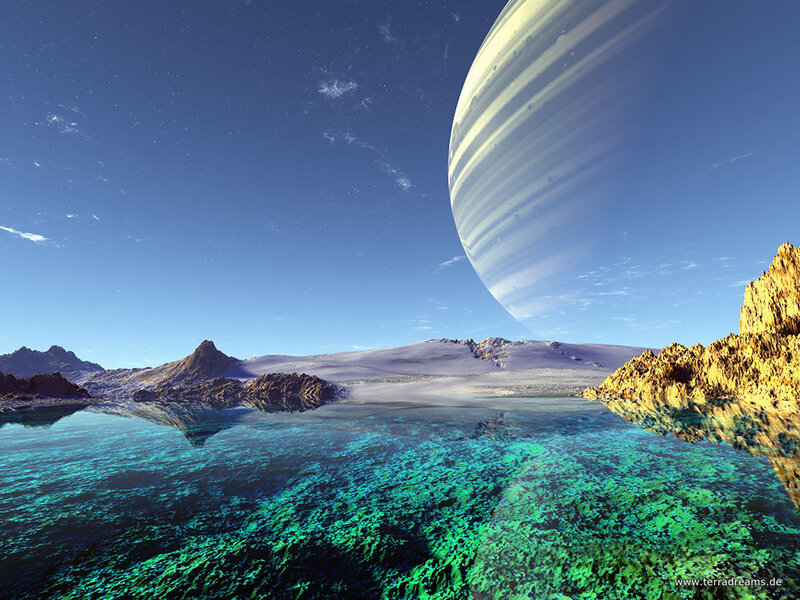 Alien Planet Landscape — Blue, Serene, Day, Digital Art, Mountains
