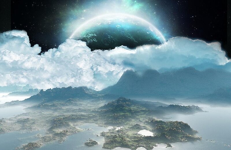 Alien Planet Landscape — Blue, Serene, Digital Art, Clouds