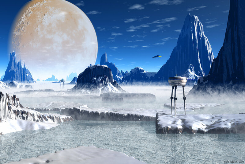 Alien Planet Landscape — Blue, Serene, Digital Art, Moon, Mountains, Flying Ship