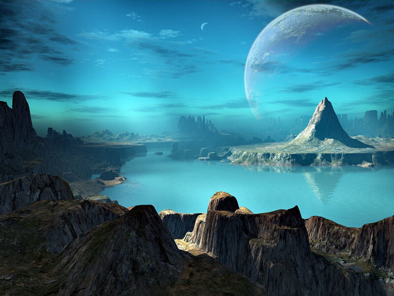 Alien Planet Landscape — Blue, Serene, Digital Art, Moon