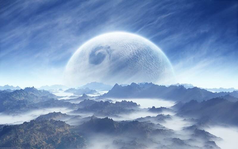 Alien Planet Landscape — Blue, Serene, Digital Art, Mountains, Clouds, Moon