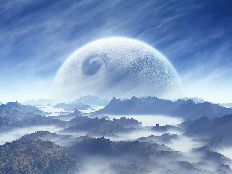 Alien Planet Landscape — Blue, Serene, Digital Art, Mountains, Clouds