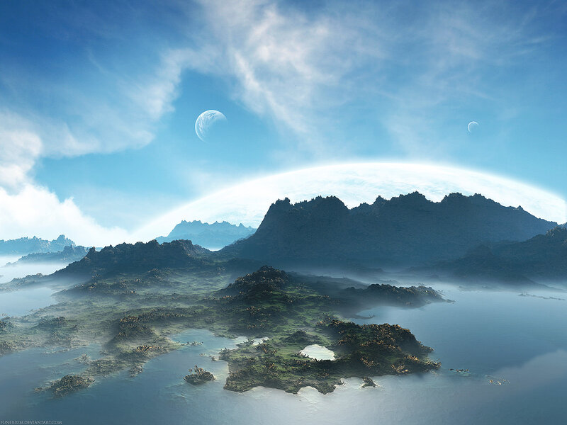 Alien Planet Landscape — Blue, Serene, Digital Art, Mountains, Planets