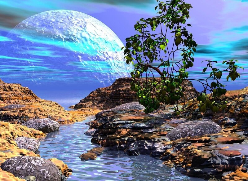 Alien Planet Landscape — Blue, Serene, Digital Art, River