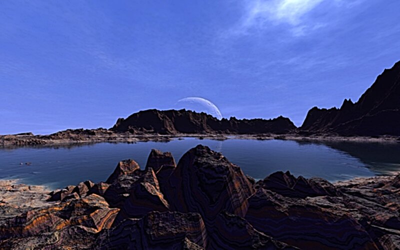 Alien Planet Landscape — Blue, Serene, Night, 3d Render, Moon