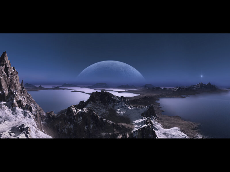 Alien Planet Landscape — Blue, Serene, Night, 3d Render, Mountains, Star