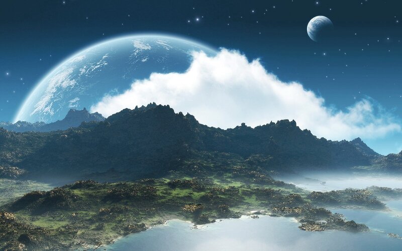 Alien Planet Landscape — Blue, Serene, Night, Digital Art, Moon, Clouds, Green
