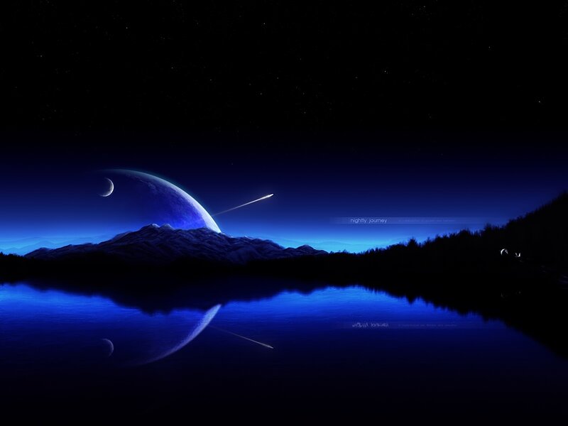 Alien Planet Landscape — Blue, Serene, Night, Digital Art, Moon, Meteor