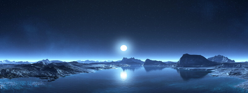 Alien Planet Landscape — Blue, Serene, Night, Digital Art, Moon, Mountains
