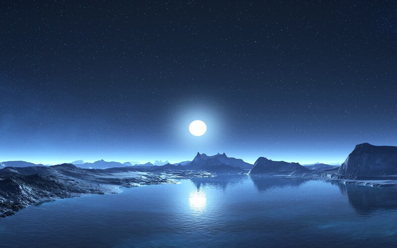Alien Planet Landscape — Blue, Serene, Night, Digital Art, Moon, Mountains, Water