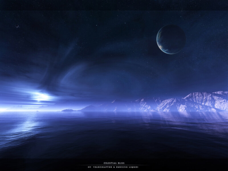 Alien Planet Landscape — Blue, Serene, Night, Digital Art, Moon, Ocean, Mountains, Black