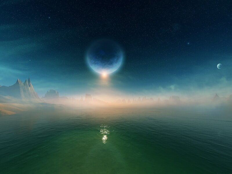 Alien Planet Landscape — Blue, Serene, Night, Digital Art, Moon, Ocean